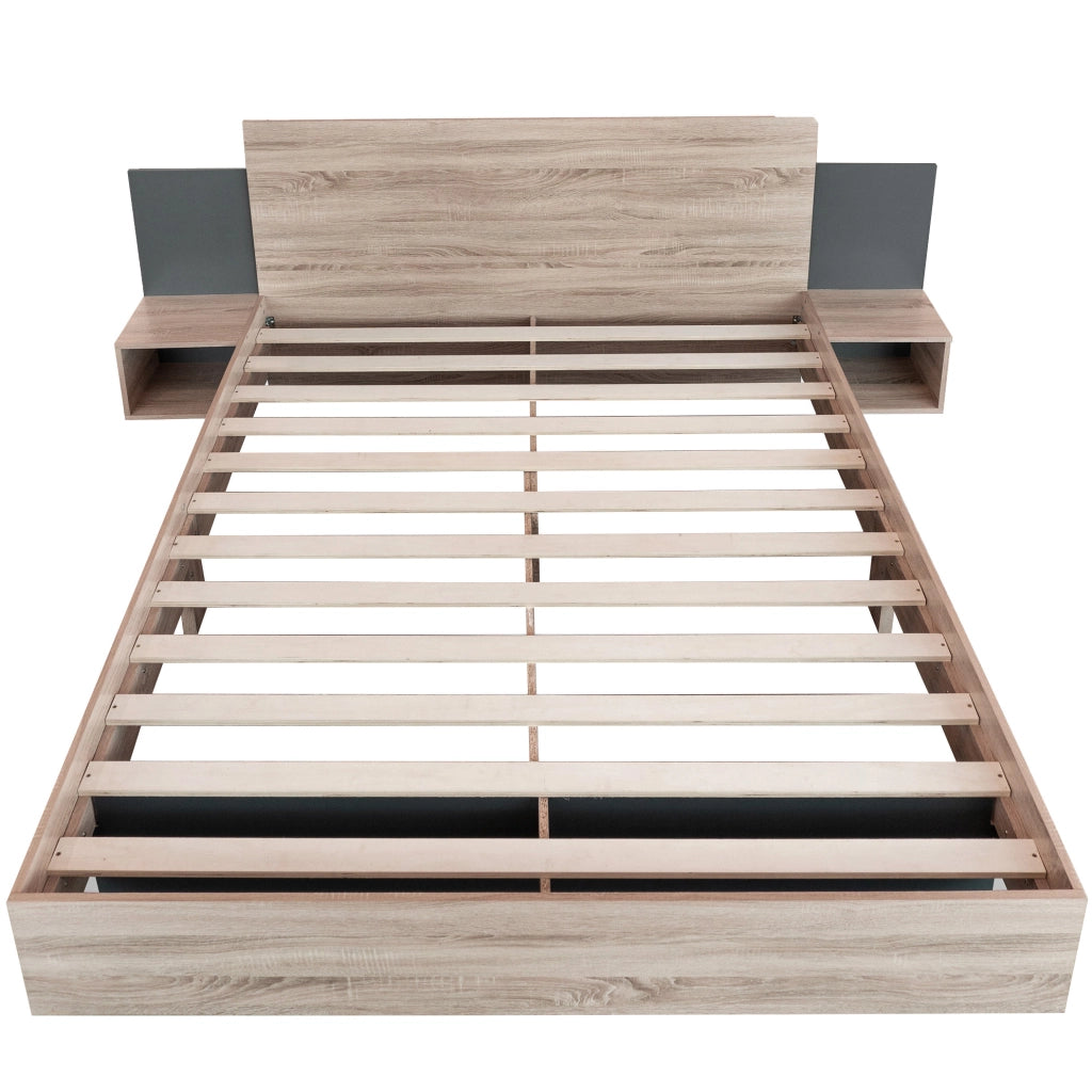 Letto matrimoniale 160x200 cm in legno massiccio con 2 comodini integrati; sonoma e grigio scuro