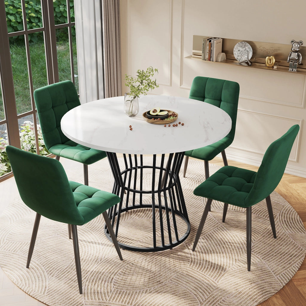 Tavolo da Pranzo Rotondo con 4 Sedie ¨C MINIMAL ¨C Piano Bianco MDF, Gambe Metallo Nero, Velluto Verde, 100cm