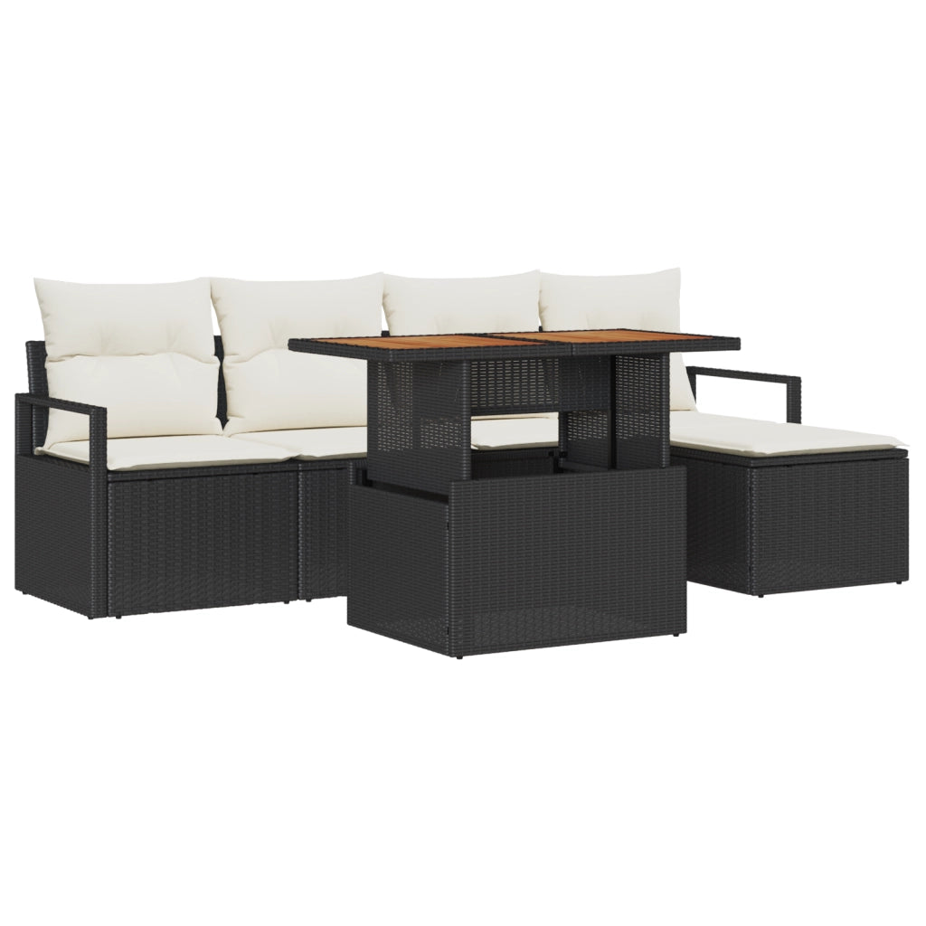 Set Divano Giardino  con Cuscini Rattan Nero Polietilene Acacia