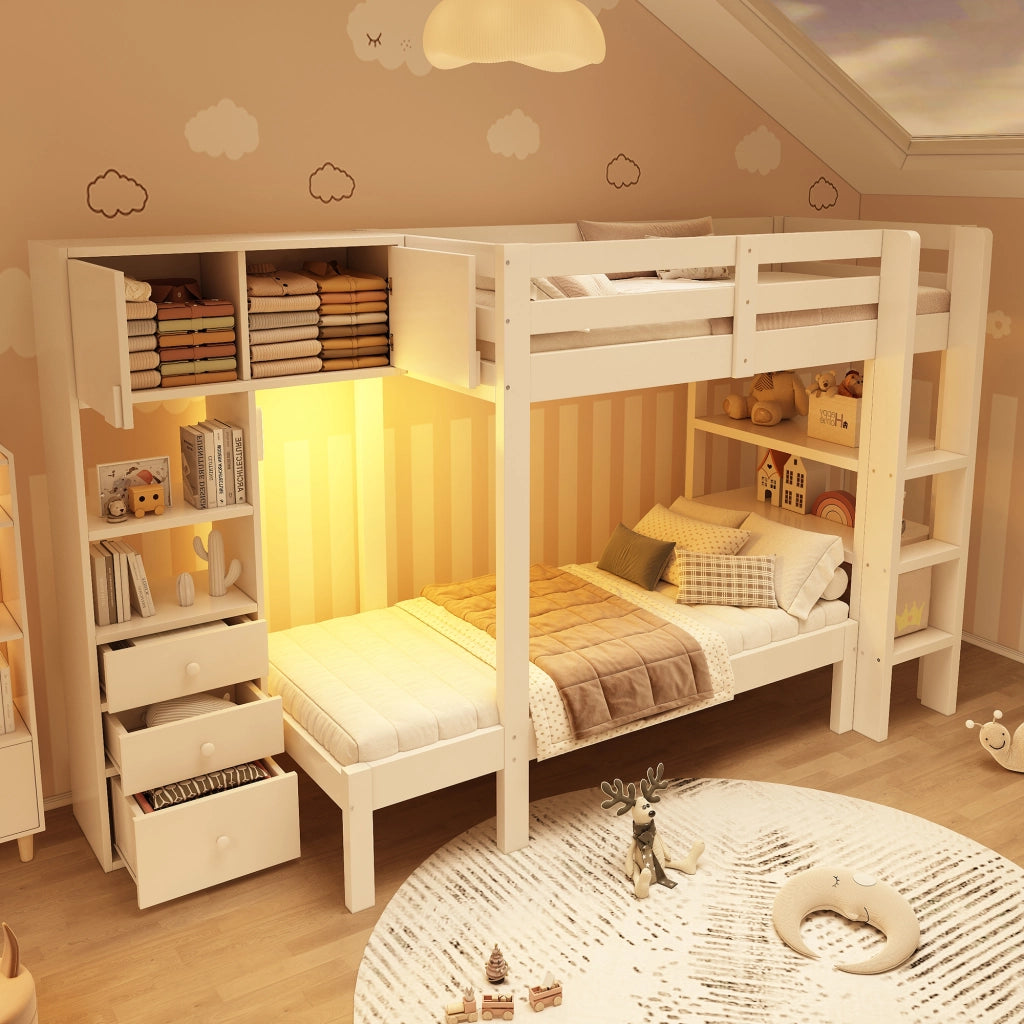 LETTO A CASTELLO SFALSATO 90x200 cm Bianco Metallo e Legno con Ripiani e Cassetti