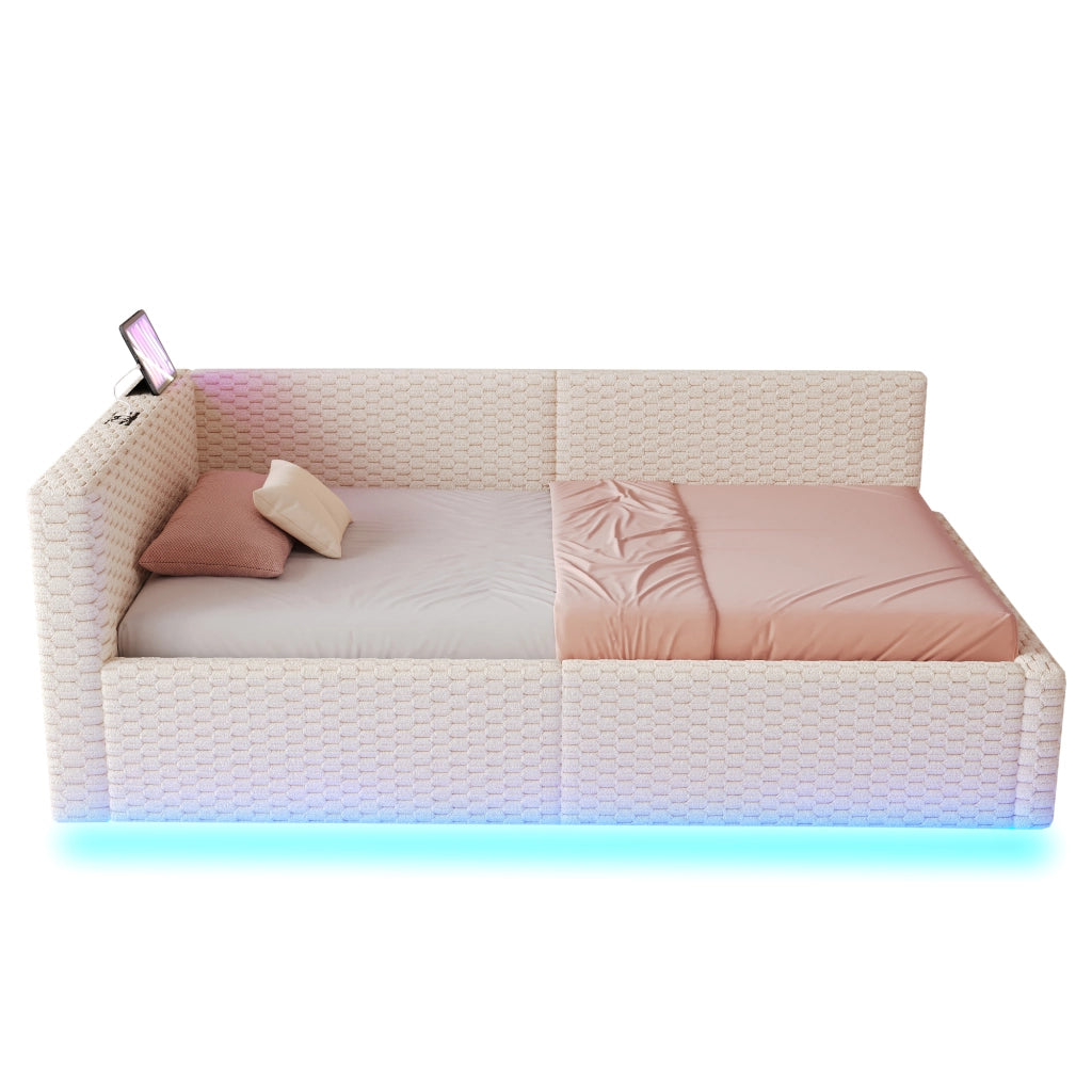 Letto imbottito singolo 90×200 cm con contenitore; LED; USB e Type-C; senza materasso; velluto; beige