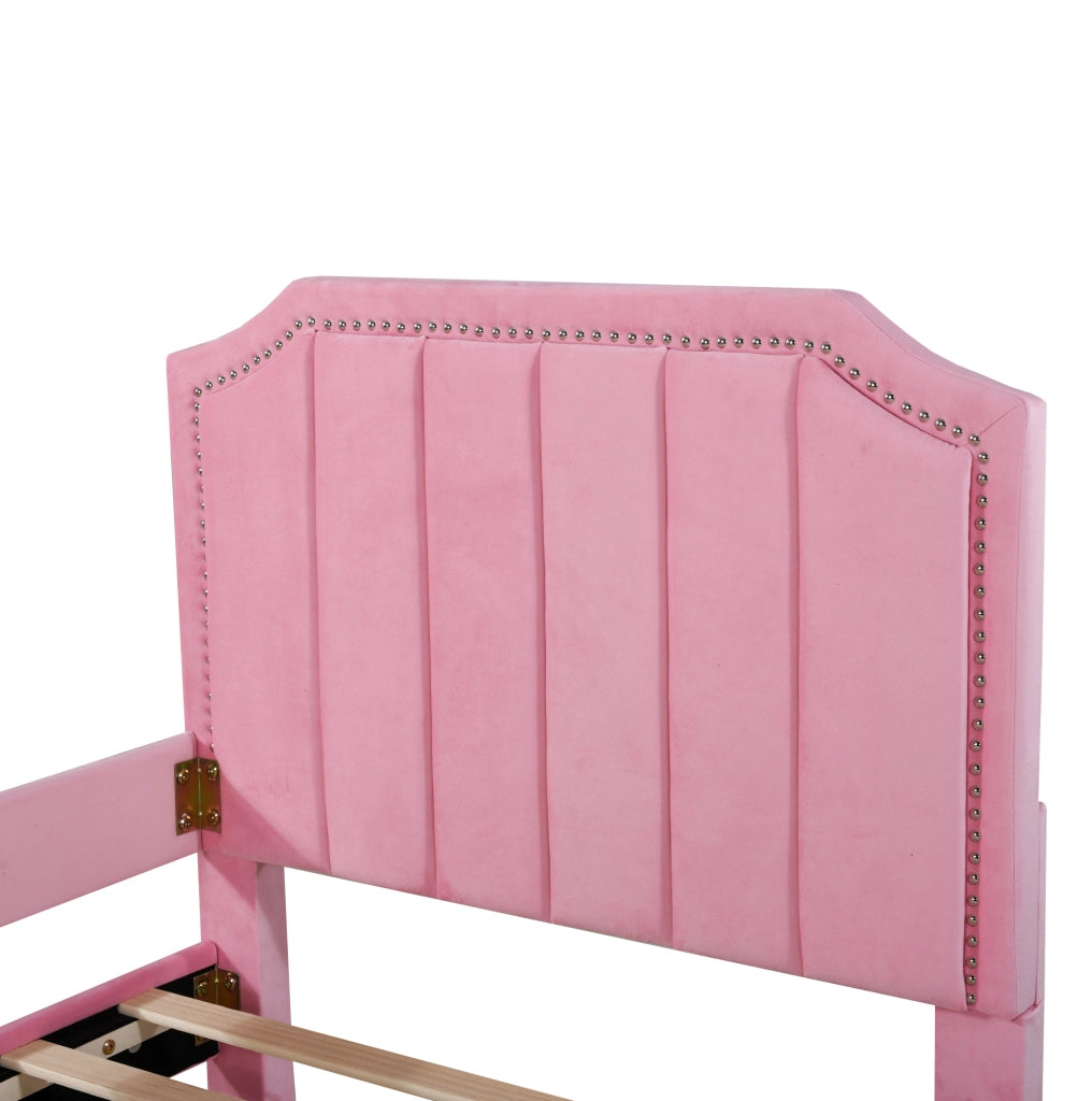 Letto imbottito per bambini 90x200 cm con schienale e braccioli in flanella rosa