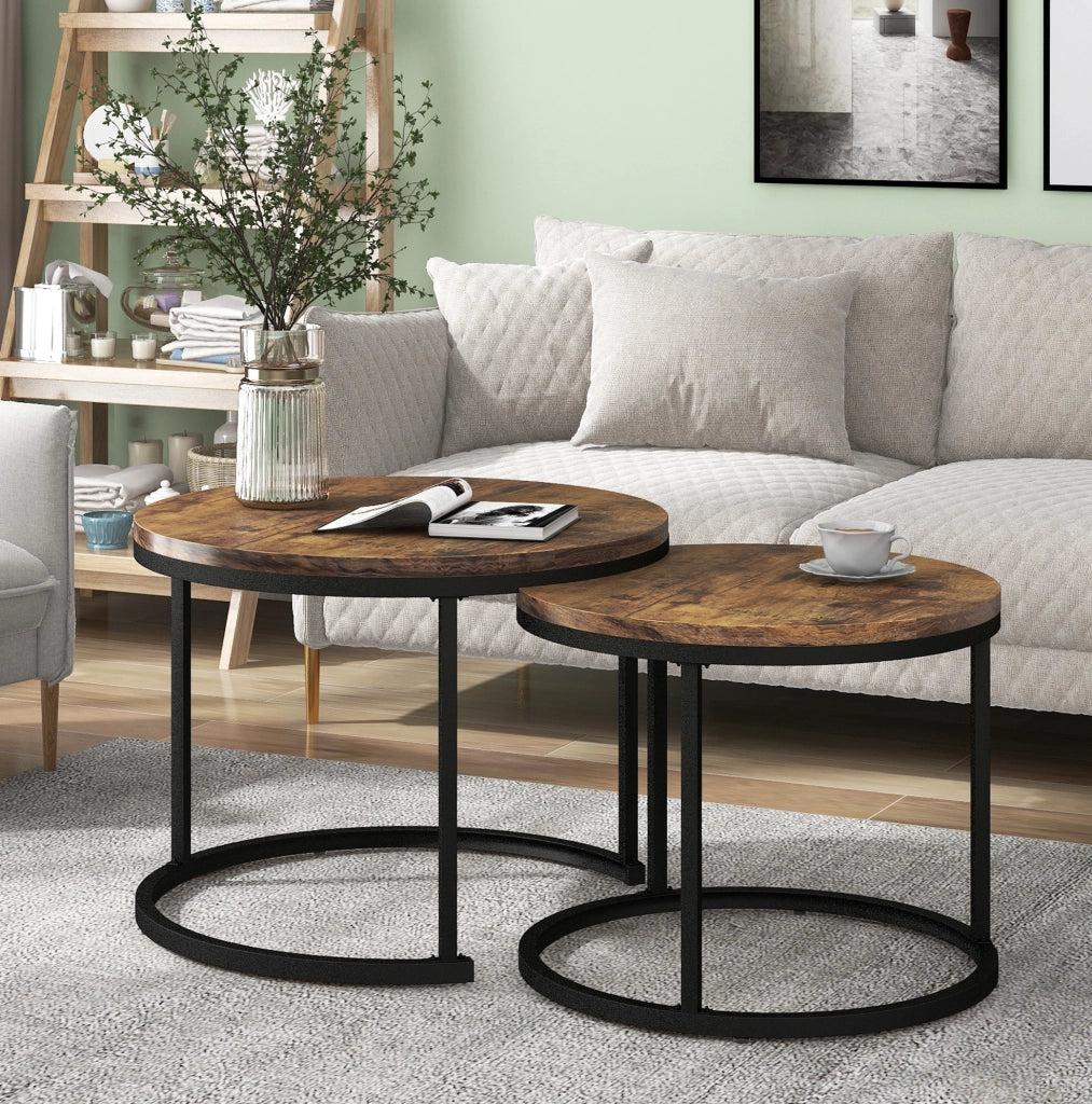 Set 2 tavolini da caffè rotondi impilabili in MDF effetto legno; marrone