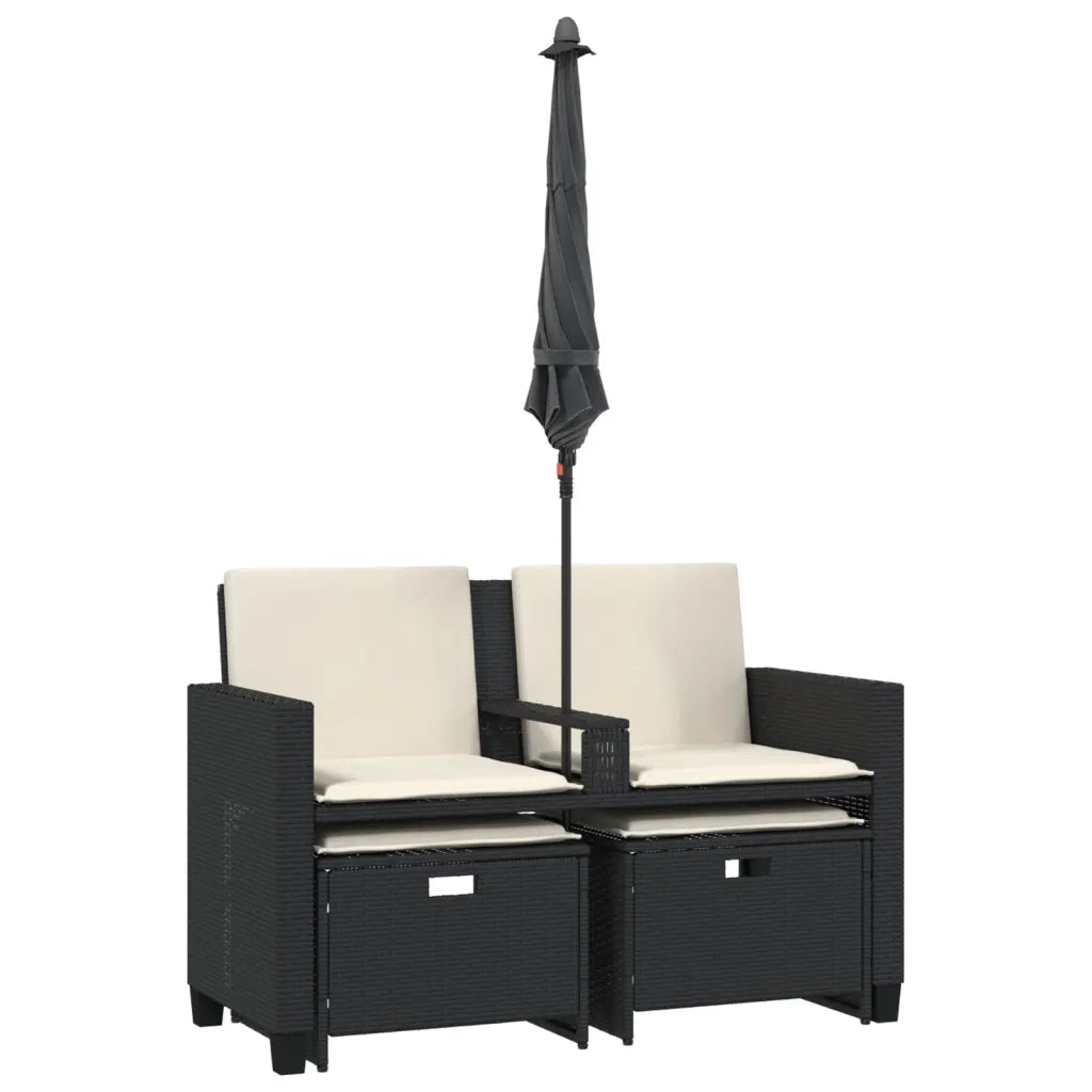Divano Giardino 2 Posti-Sofa da Giardino-Divanetto da esterno Ombrellone e Sgabelli Nero Polyrattan 231656