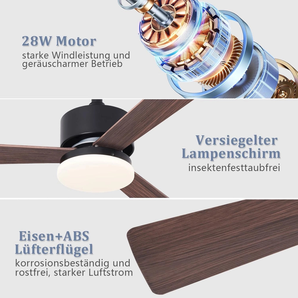 ZMH Ventilatore da soffitto silenzioso a 3 pale con luce regolabile e telecomando per sala da pranzo e camera da letto