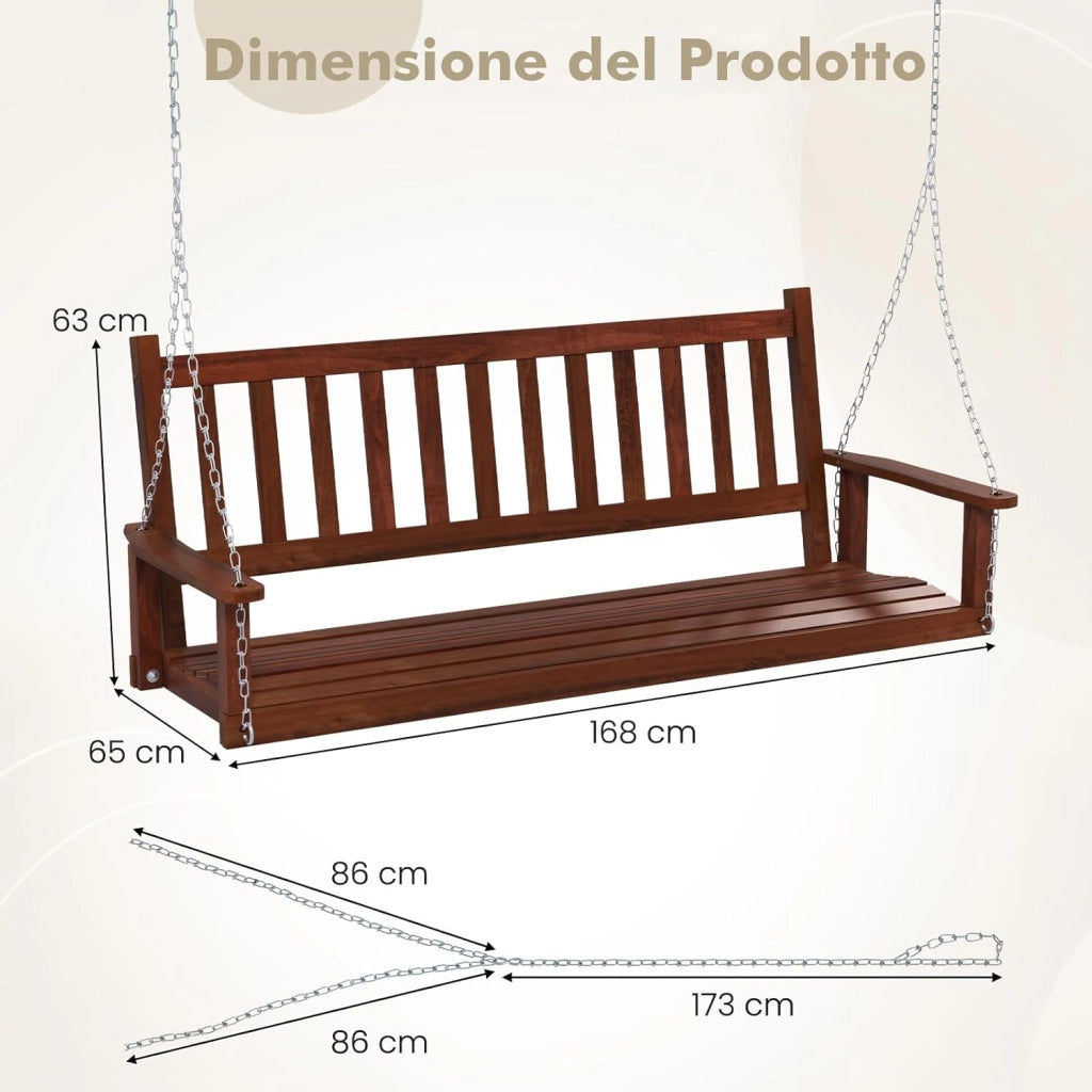 Altalena da Giardino in Legno per 3 Persone, Panchina Sospese in Legno con Capacità di Peso di 360 kg, Sedia a Dondolo per Giardino, Cortile (Marrone, 168 x 65 x 63 cm)