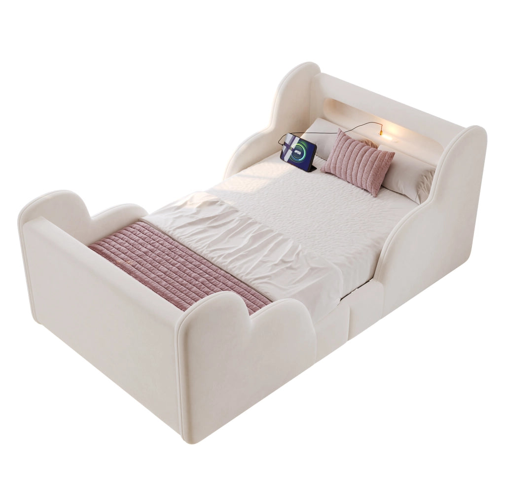 Letto per bambini 90x200 cm con sponde imbottite; luce notturna; USB C; velluto beige