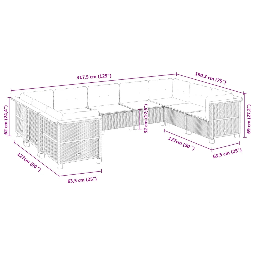 Set Divano da Giardino 9 pz con Cuscini Grigio in Polyrattan