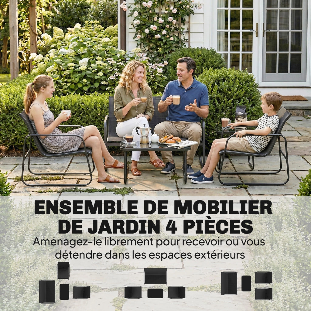 Set giardino 4 pezzi con divano, poltrone e tavolino ¨C zephmum ¨C grigio scuro e nero