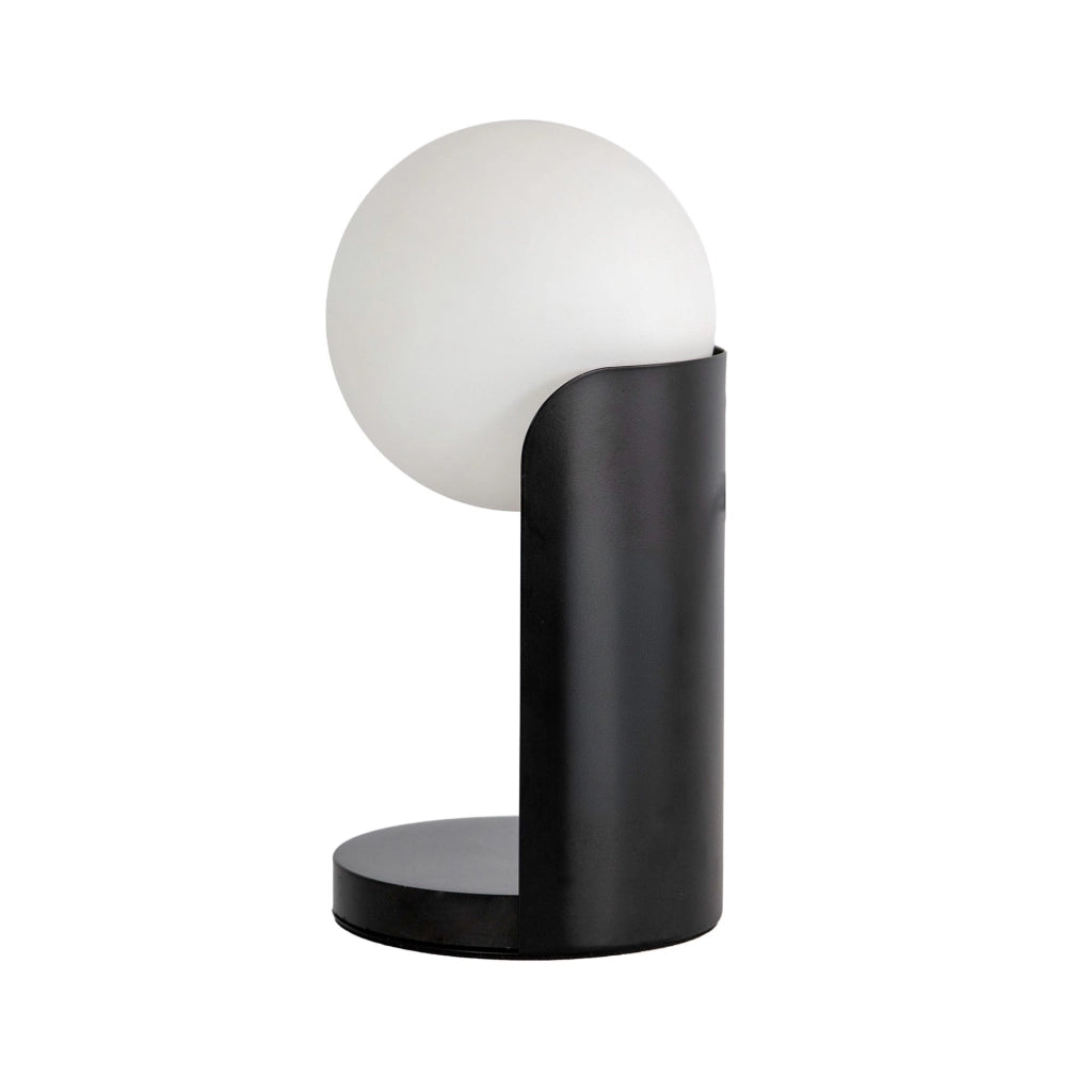 Lampada da tavolo in vetro bianco e acciaio nero