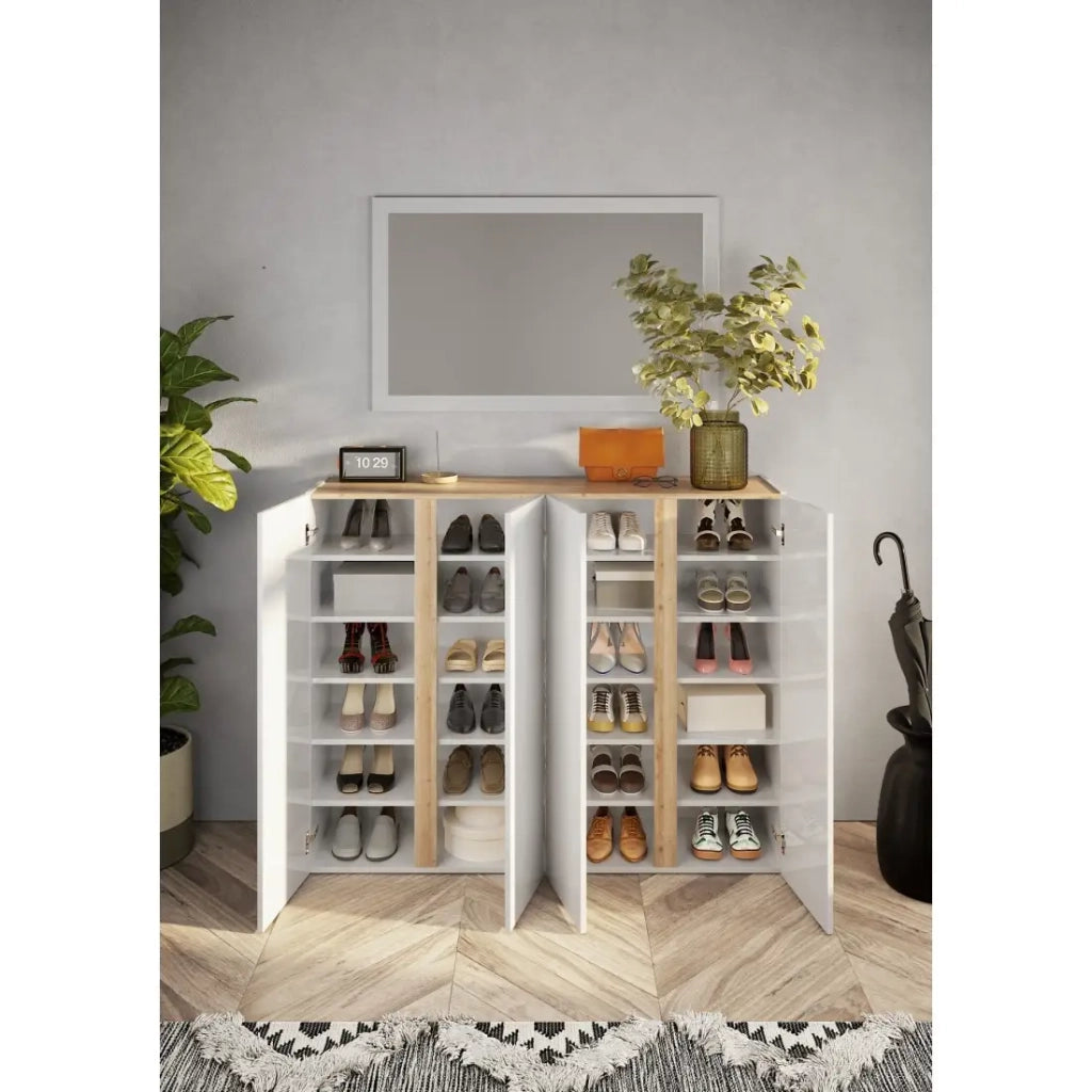 Mobile contenitore con 4 ante e 10 ripiani regolabili, collezione KEY, in color bianco lucido e rovere cadiz.