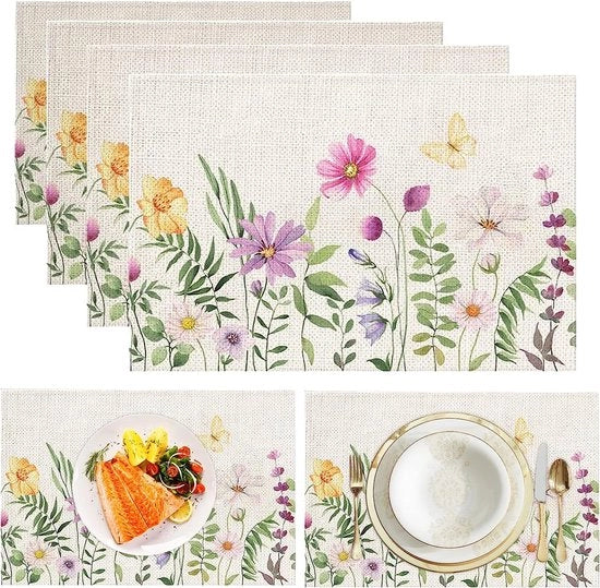 Tavoliere per tavolo da pranzo stampa fiori, tessuto cotone, resistente al calore, con presa antiscivolo, set da 4.