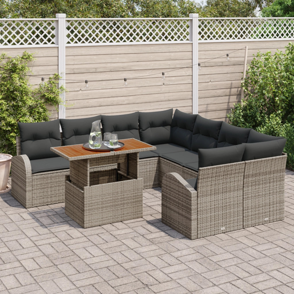Set da Divano da Giardino 9 Pezzi con Cuscini Grigio Polyrattan