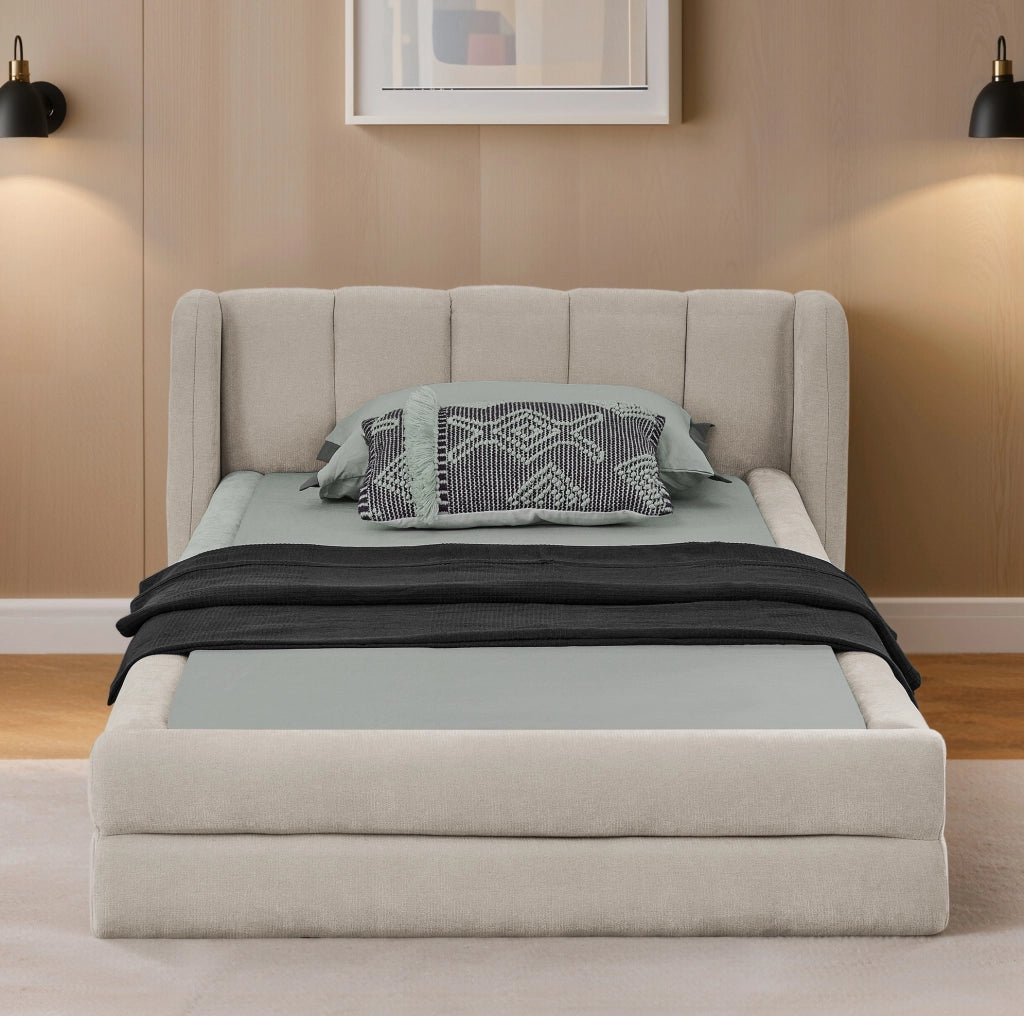 Letto 90x200 cm con testiera ergonomica e struttura stabile in chenille beige
