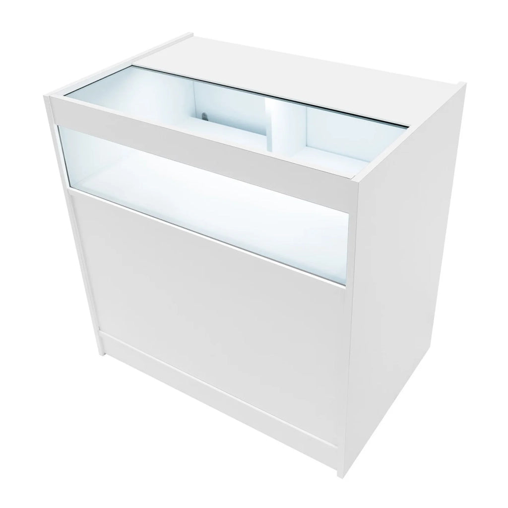 Bancone LED Bianco B900 con Vetrina, Ante Scorrevoli e Ripiani – Bloccabile