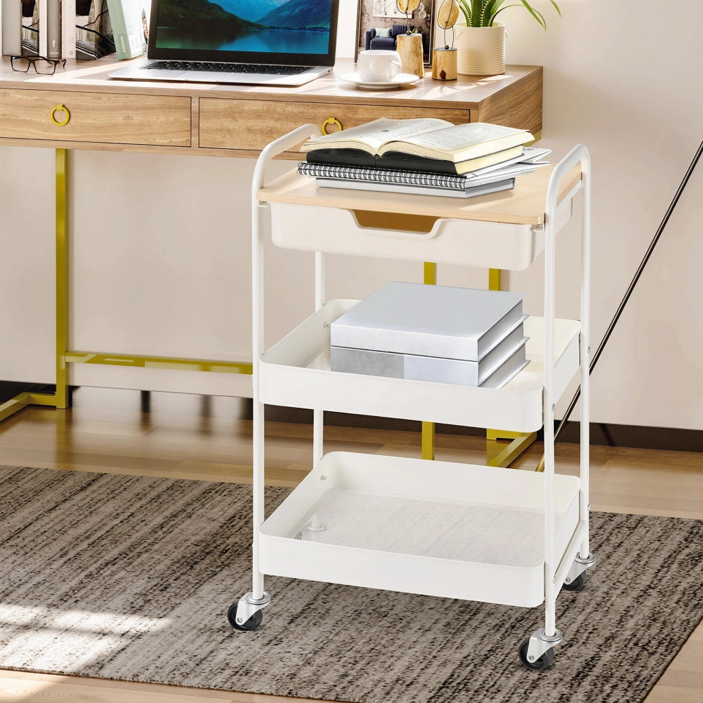 Carrello da Cucina Multiuso con Ruote Girevoli 2 Cesti Cassetto e Piano in Legno Bianco