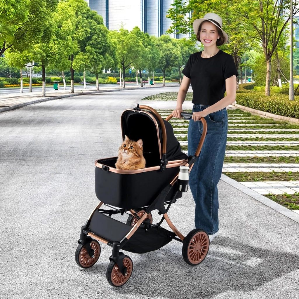 Passeggino Pieghevole per Cani 3 in 1, Carrozzino per Animali con Portapacchi Rimovibile, Tettuccio, Cuscino Rimovibile, Cintura di Sicurezza, Cestino e Portabicchiere, Portata 25 kg