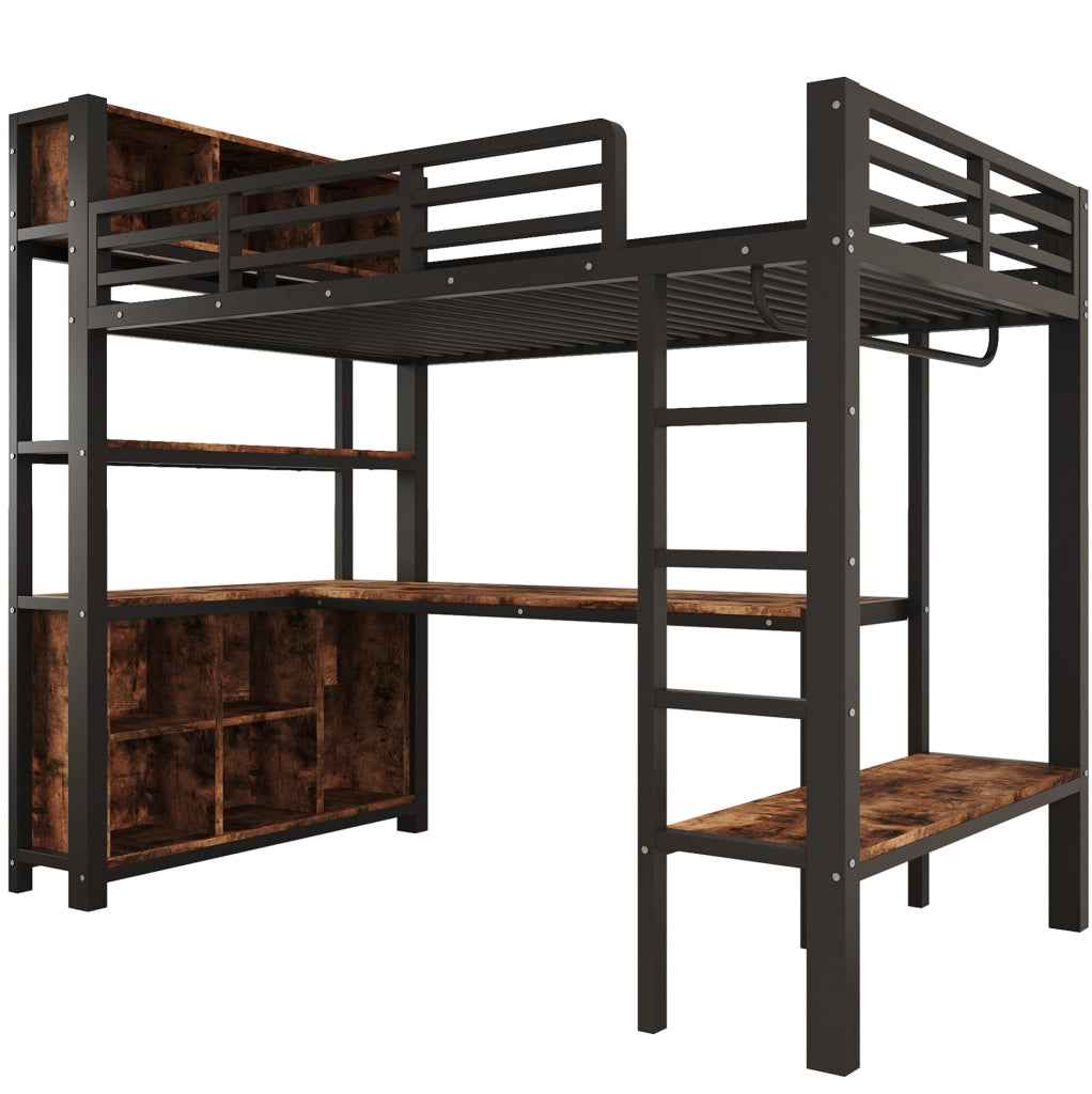 Letto a soppalco 90x200 cm in MDF e metallo nero con scrivania; appendiabiti e ripiani