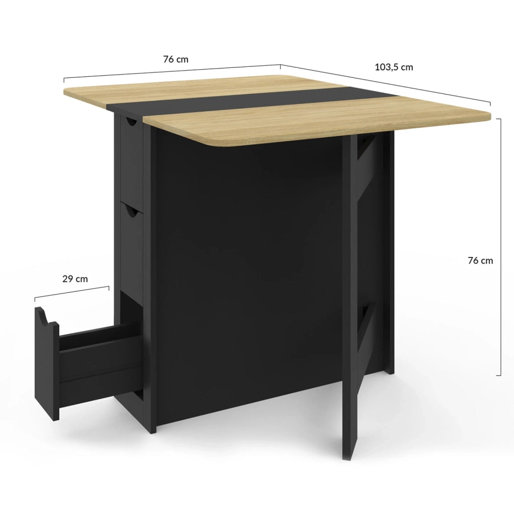 IDMarket - EDI Consolle pieghevole per 2-4 persone con 3 cassetti neri, piano effetto faggio 103 x 76 cm
