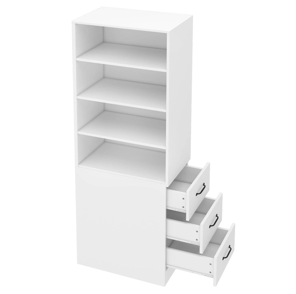 Libreria stretta 180 cm con 3 cassetti laterali e ripiani regolabili bianca