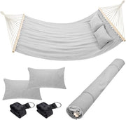 Hangmat a due posti 232 x 148 cm - Telaio in legno - Copertura in cotone - 2 cuscini - colore grigio chiaro