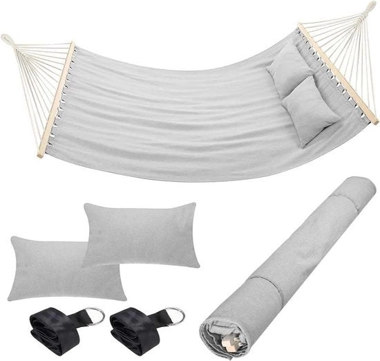 Hangmat a due posti 232 x 148 cm - Telaio in legno - Copertura in cotone - 2 cuscini - colore grigio chiaro