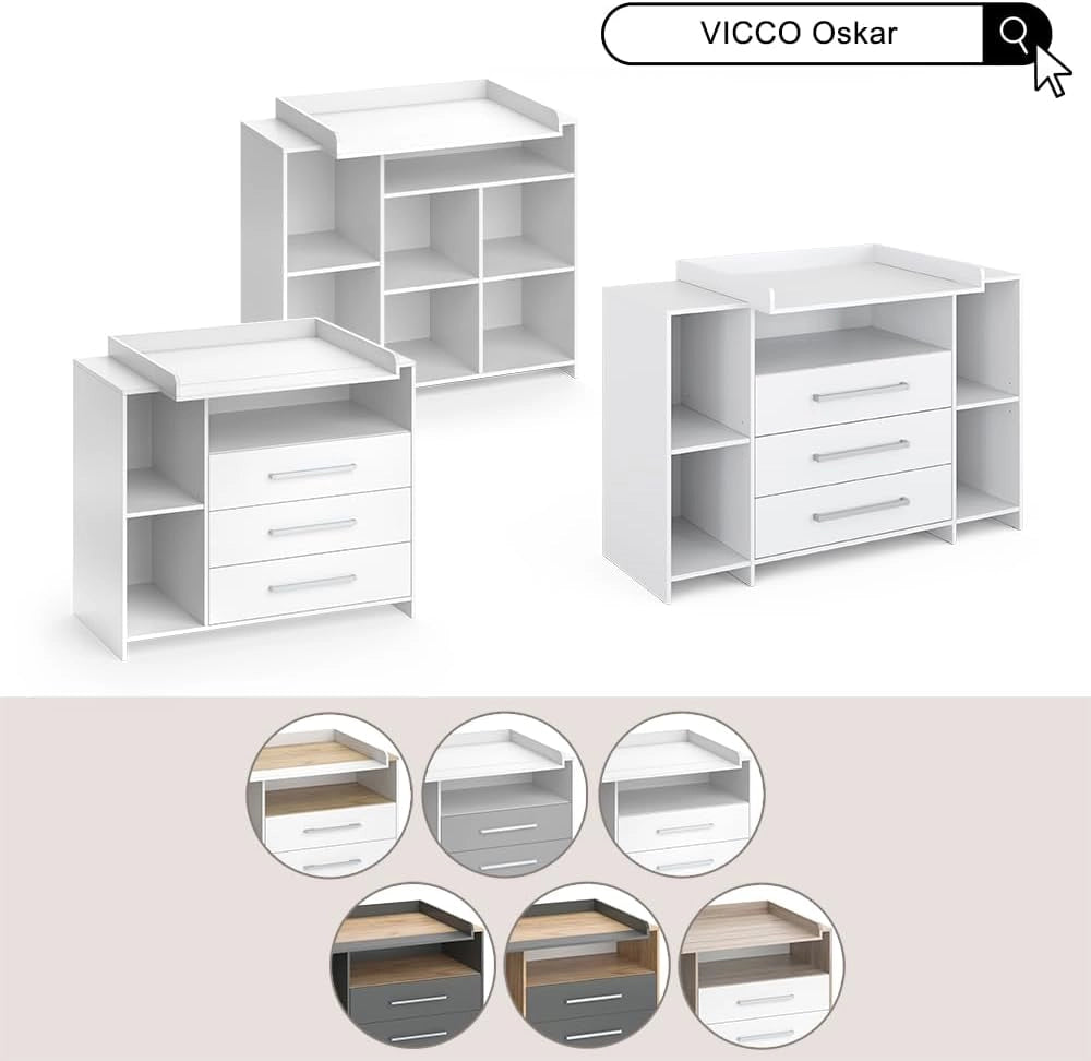 Fasciatoio Oskar, Rovere bianco/dorato, 143.2 x 93 cm con 3 cassetti, adatto come fasciatoio con area di appoggio estensibile
