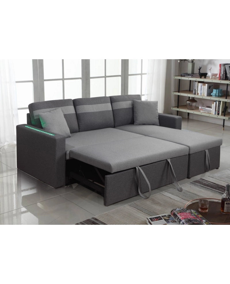 Divano letto contenitore, reversibile angolare, led, microfibra grigio chaise longue Sicorage Tuky
