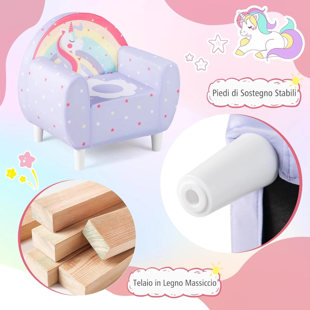Divano per Bambini a Forma di Unicorno 55 x 40 x 55cm, Poltrona Imbottita con Tessuto Elastico Traspirante e Riempimento in Spugna, Mobile Moderno per Cameretta (Lilla)
