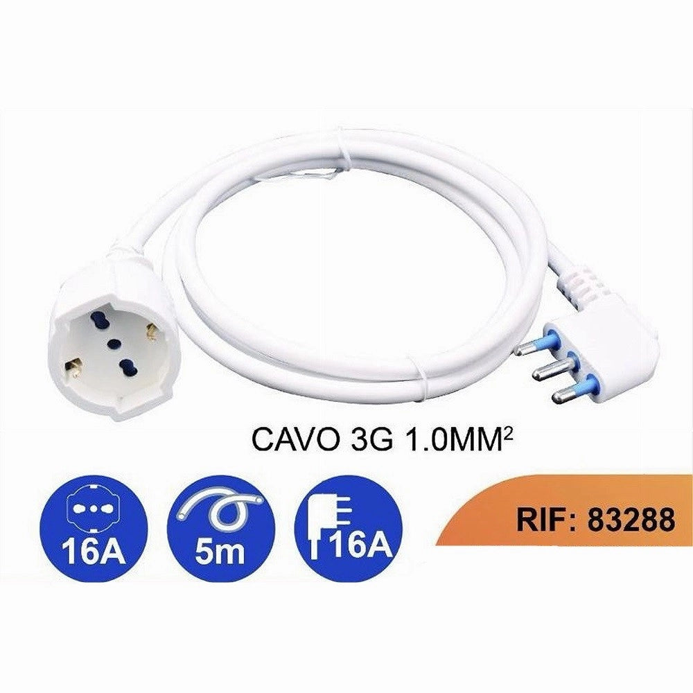 Trade Shop - Prolunga Lineare Cavo 5mt 90° Con Spina 16a Presa Universale Schuko Bianca 83288 -