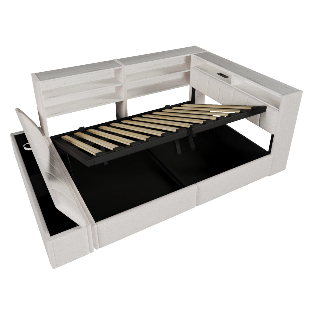 Letto contenitore 140x200 in velluto con sollevamento idraulico; luce RGB e prese USB