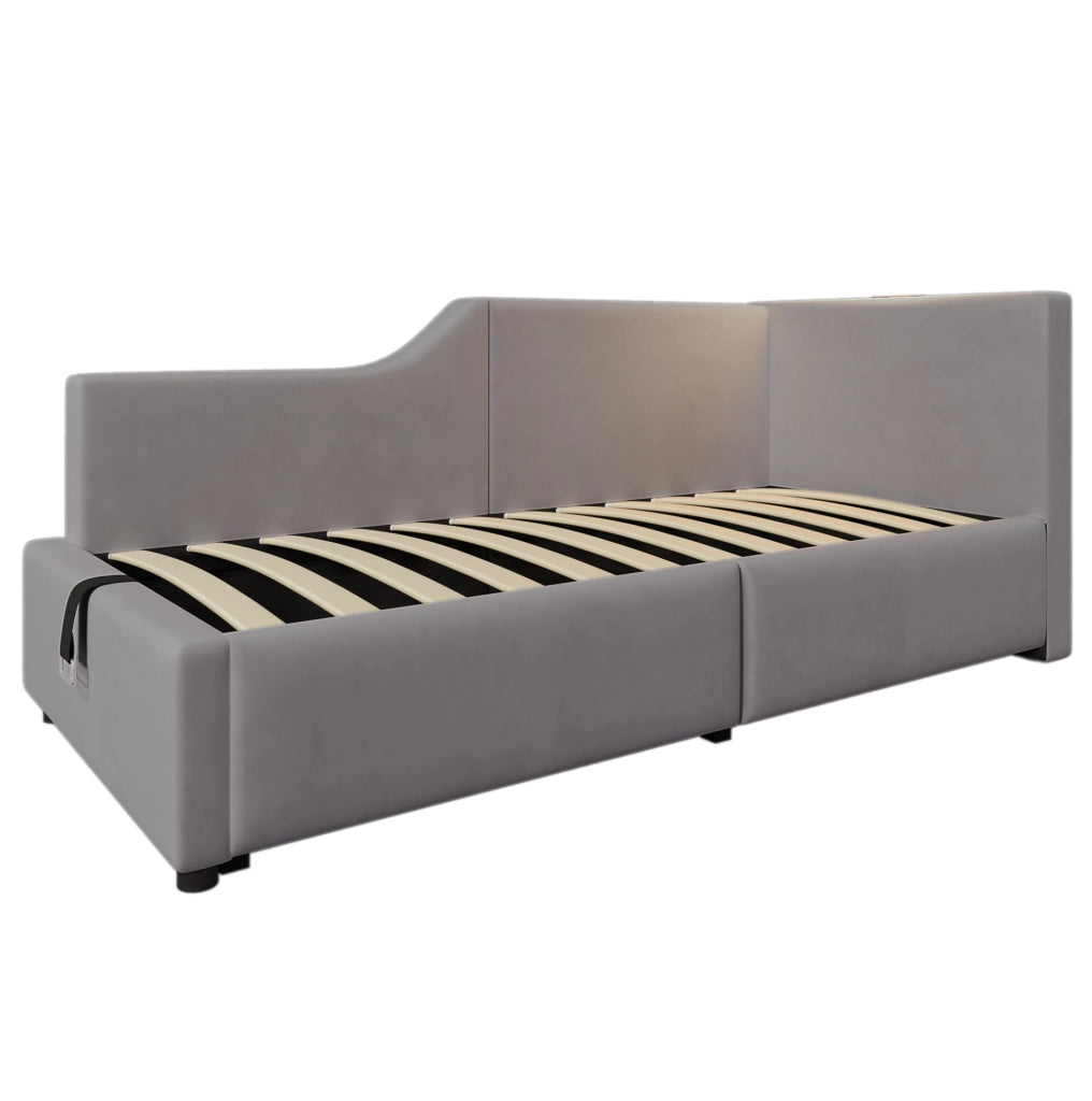 Letto contenitore 90x200 cm con lampada da lettura e USB-C; velluto grigio (Senza materasso)