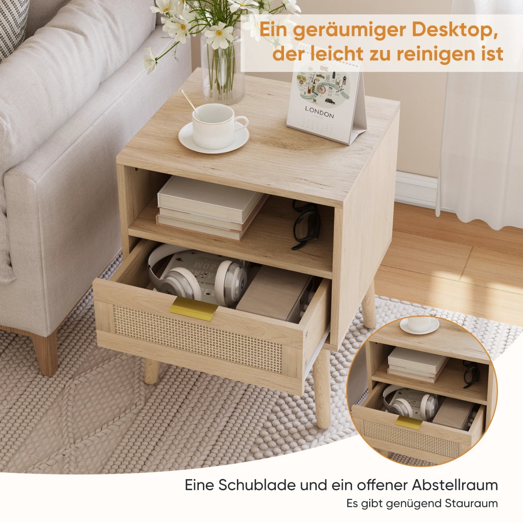 Comodino in rattan con 1 cassetto e 1 vano aperto, maniglia dorata, stile boho, per camera da letto, 45 × 40 × 55 cm