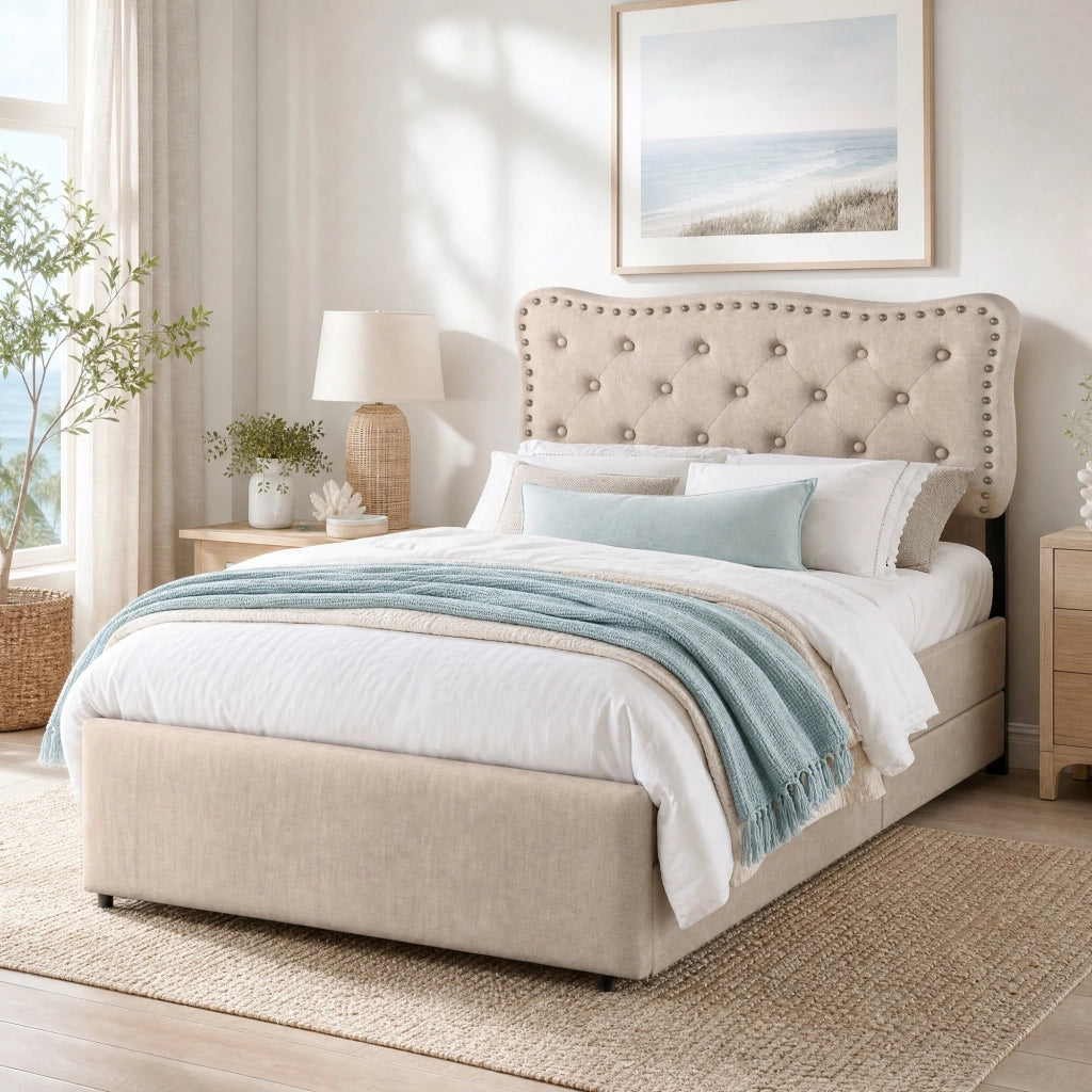 LETTO Imbottito 90x200 cm Dunkelbeige con 2 cassetti