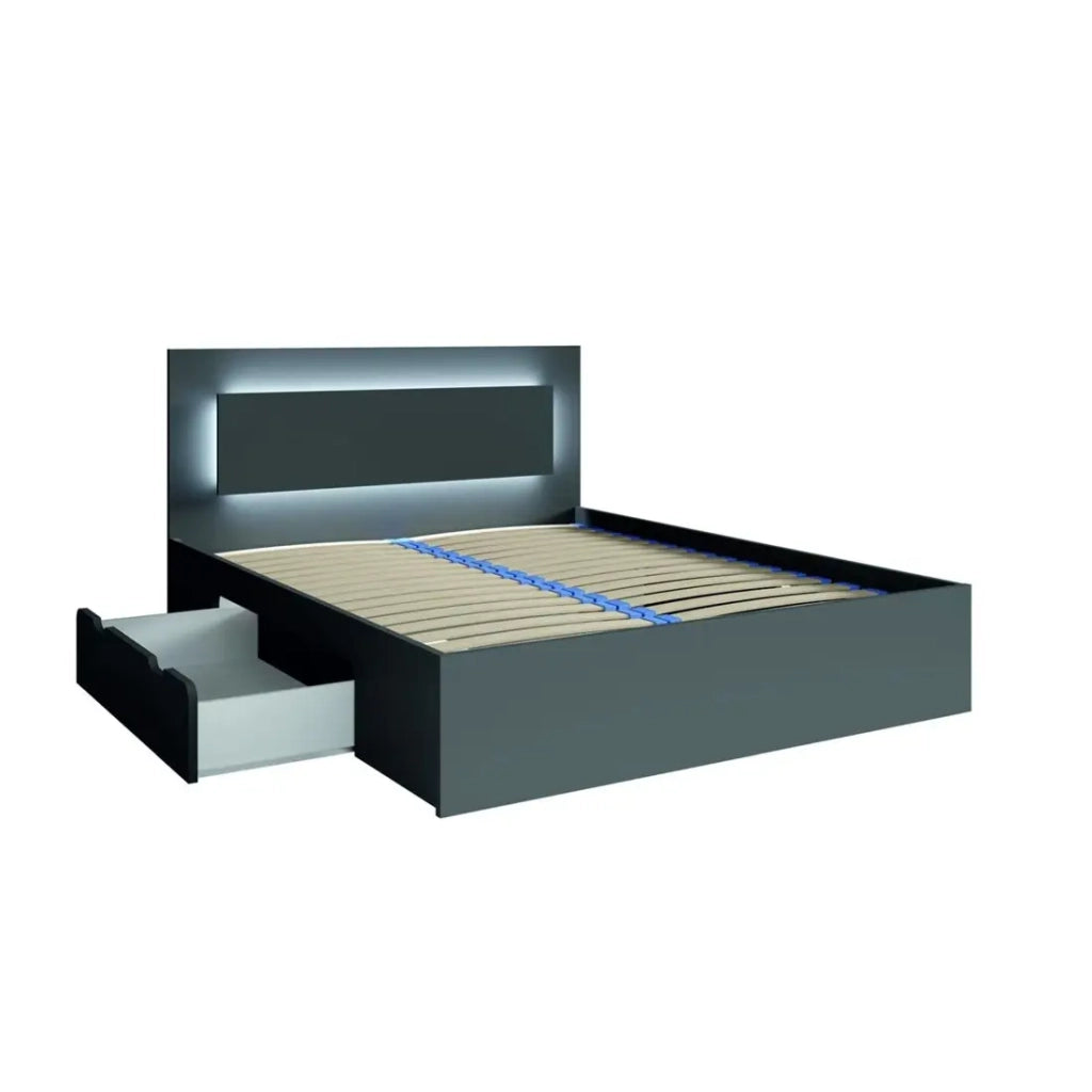 Set camera NOFI - Letto 160x200 cm con doghe, 2 cassetti, comodini, armadio e cassettiera - grigio grafite.
