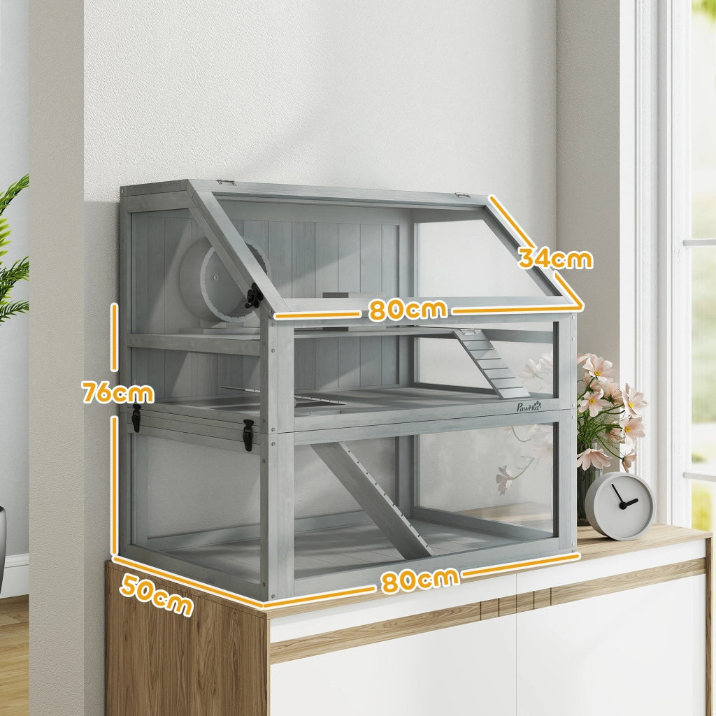 Gabbia per Criceti in Legno 3 Piani con Ripiani Estraibili ¨C ZephMum ¨C Grigio Chiaro 80x50x76cm