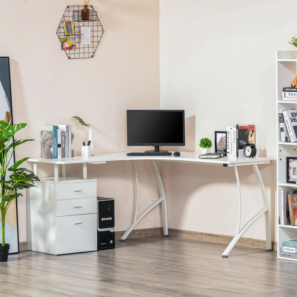 Easycomfort Scrivania Angolare con Cassettiera, Scrivania Ufficio Porta PC in Legno e Metallo, Bianco, 143.5x143.5x76cm