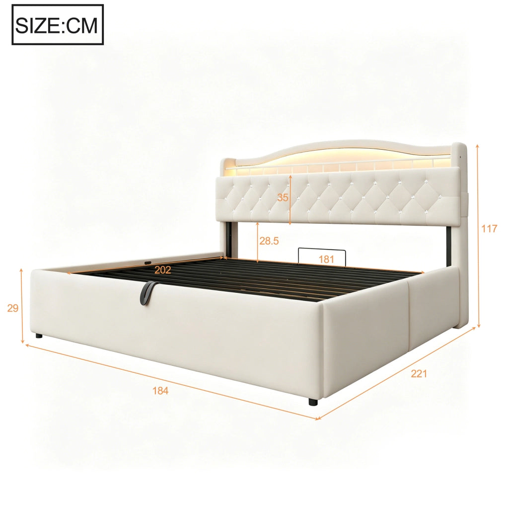 Letto imbottito 180x200 cm con contenitore idraulico e LED