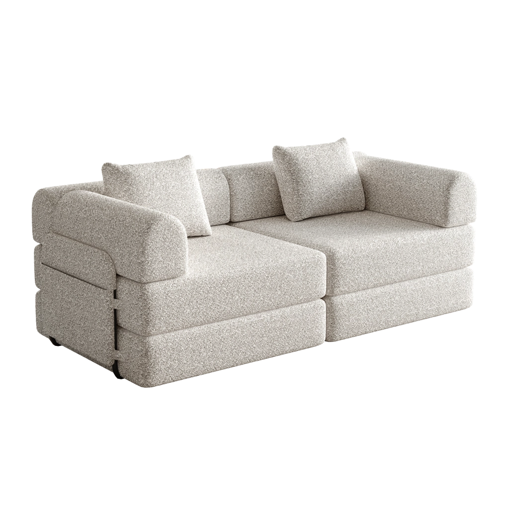 Divano letto singolo in ciniglia color khaki con vano portaoggetti nel bracciolo e struttura in acciaio