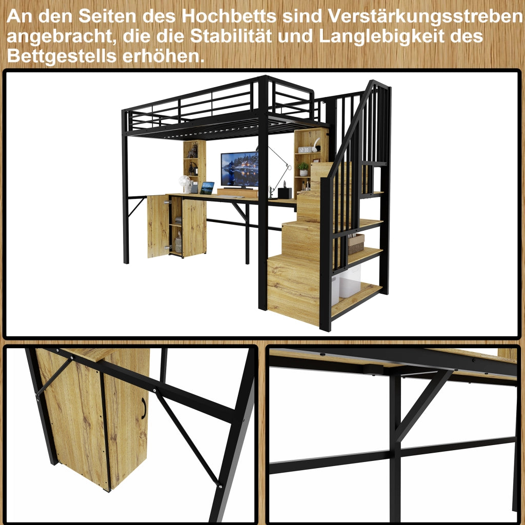 Letto a soppalco 90 x 200 cm con scrivania, scala contenitore e USB