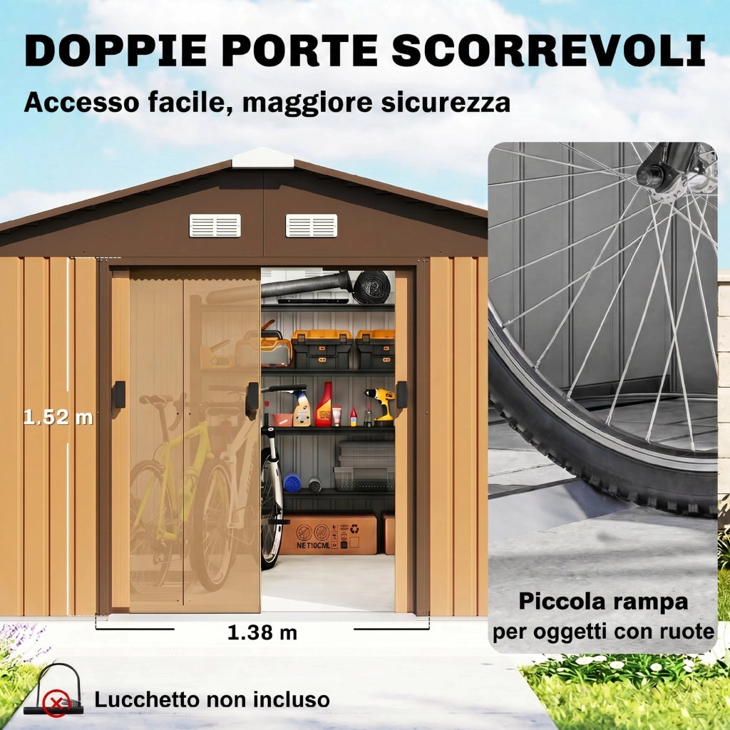 Casetta da Giardino con 2 Porte Scorrevoli e 4 Prese d'Aria in Acciaio, 340x386x200cm, Giallo