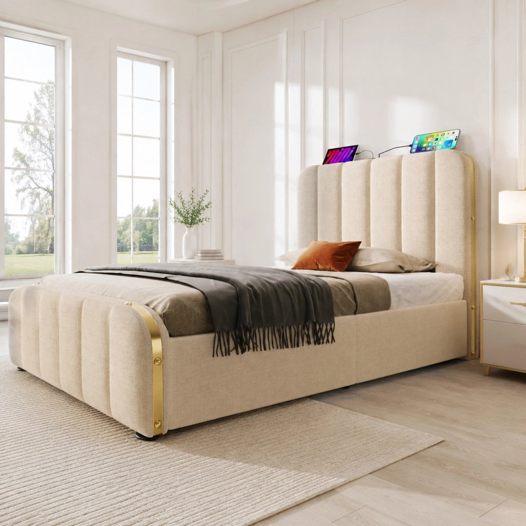 LETTO Contenitore 90x200 cm in Lino Beige con USB Type-C