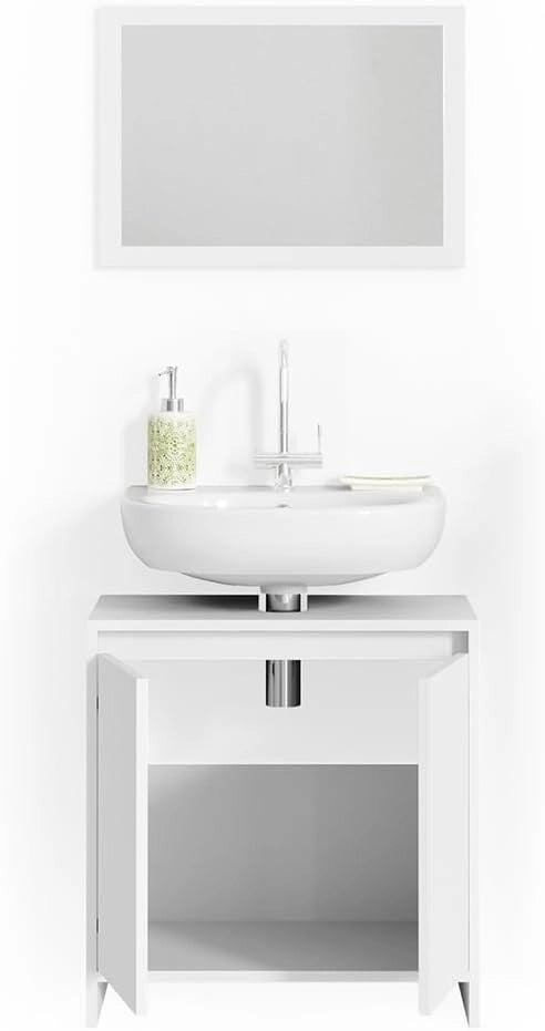 Set mobili bagno Emma, Bianco, 58 cm, composto da specchio da bagno e mobile sottolavabo