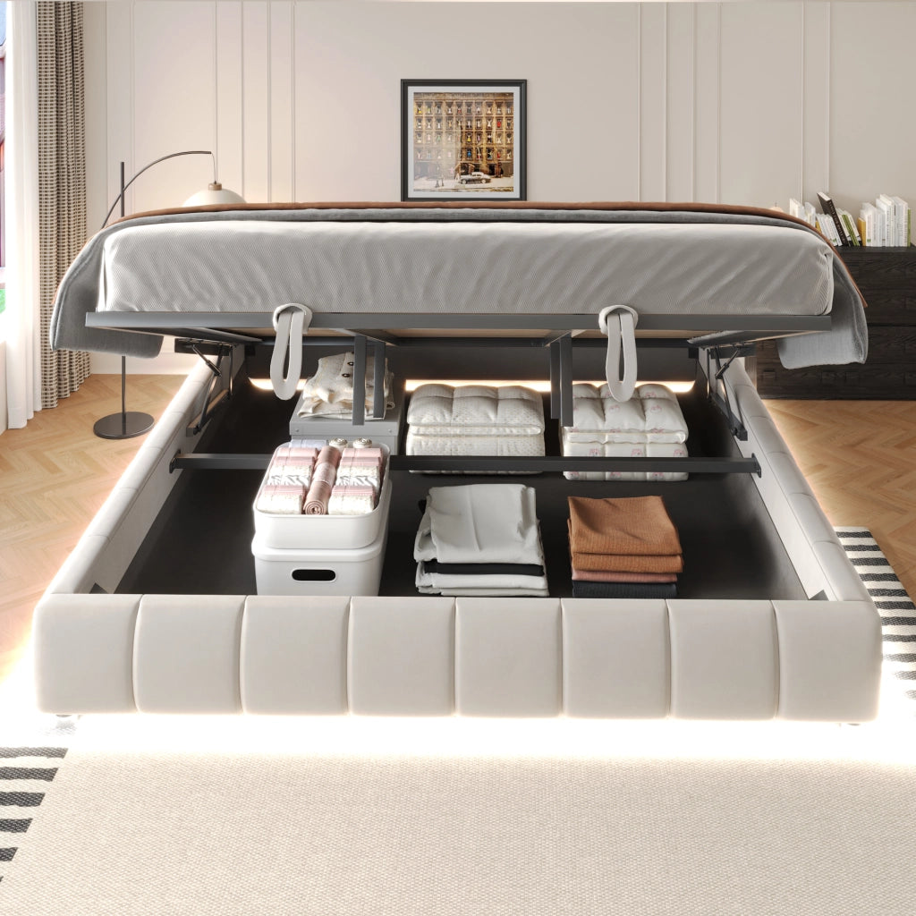 Letto imbottito 180x200 cm con sollevamento idraulico, LED bianco, senza testiera, Beige