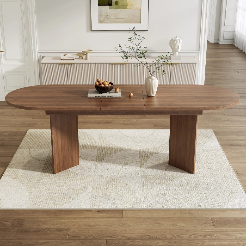 Tavolo allungabile con piano spesso 18 mm e angoli arrotondati, struttura stabile per sala da pranzo, in MDF, noce