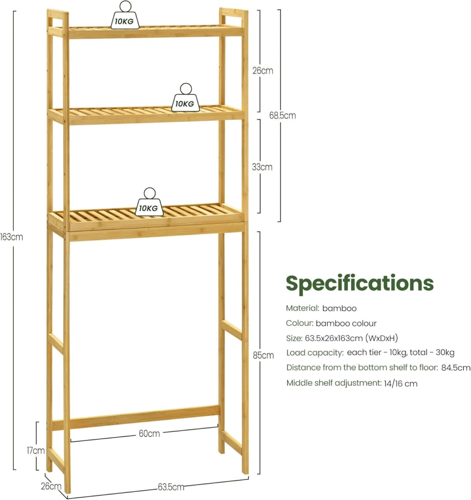 Scaffale in Bambù a 3 Livelli, Scaffale sopra WC, Mobile sopra Lavatrice, per Bagno, Lavanderia, 63,5x26x163 cm, in Bambù Naturale