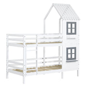 Letto a castello per bambini in pino bianco con ringhiera e finestra, 90x200 cm