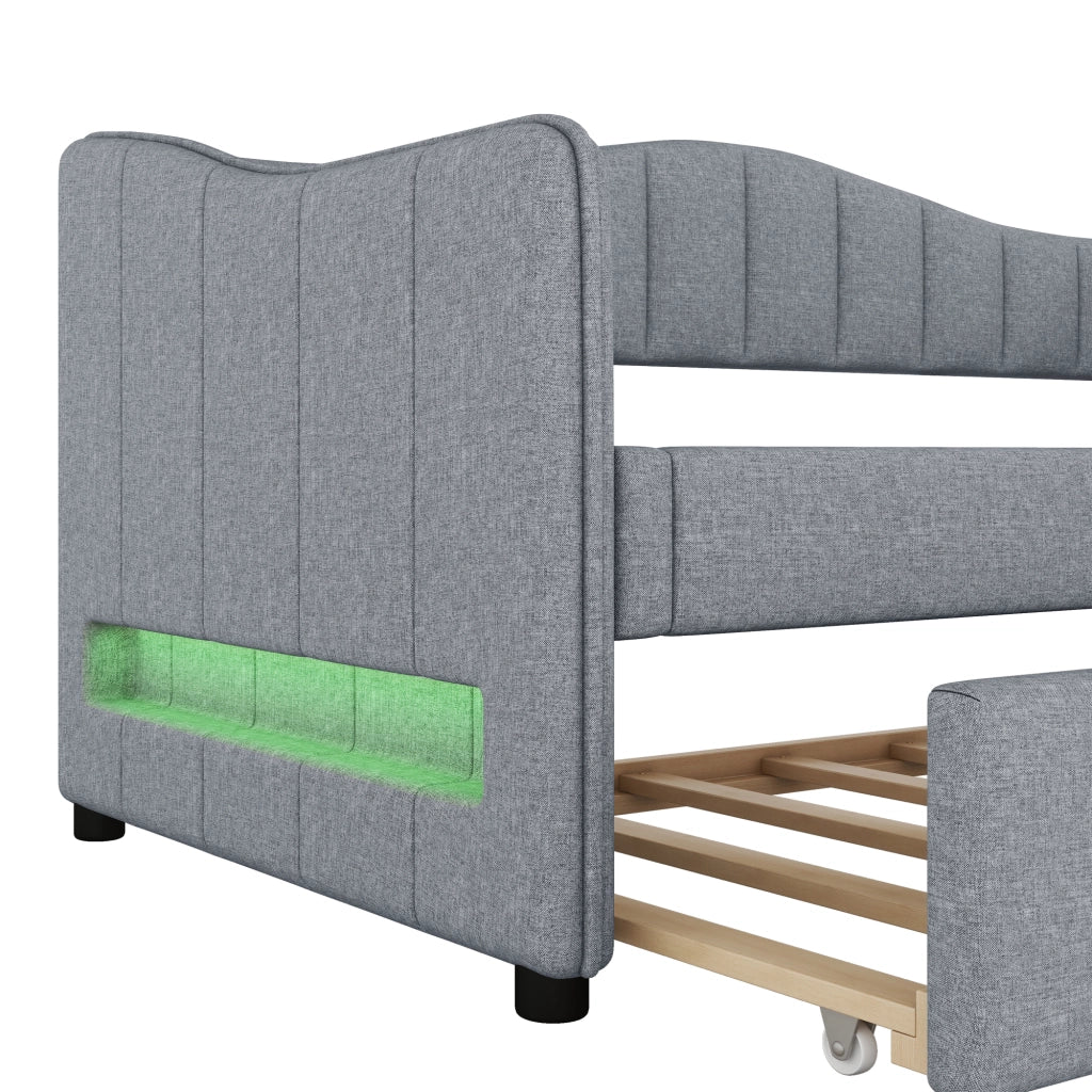 Letto Estraibile Singolo con LED Regolabile e Letto Estraibile 90×200 cm; senza Materasso; Lino e MDF; Grigio