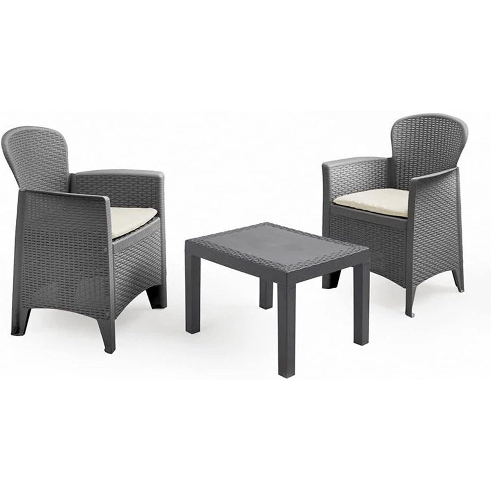 Trade Shop - Set Salotto Con Tavolino 2 Poltrone Antracite Effetto Rattan Con Cuscini Giardino 591042 -
