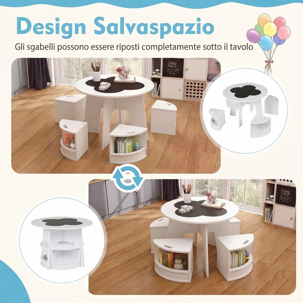 2 in 1 Set Tavolo Rotondo e 4 Sedie per Bambini 3+ Anni (Bianco) | Set Tavolo in Legno Salvaspazio e Sedie con Portaoggetti per Cameretta Ragazzi e Scuola
